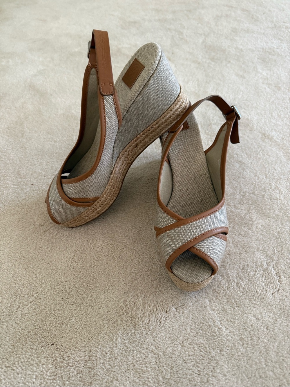 Tory Burch Beige Espadrille Wedge Slingback Heels with Brown Trim